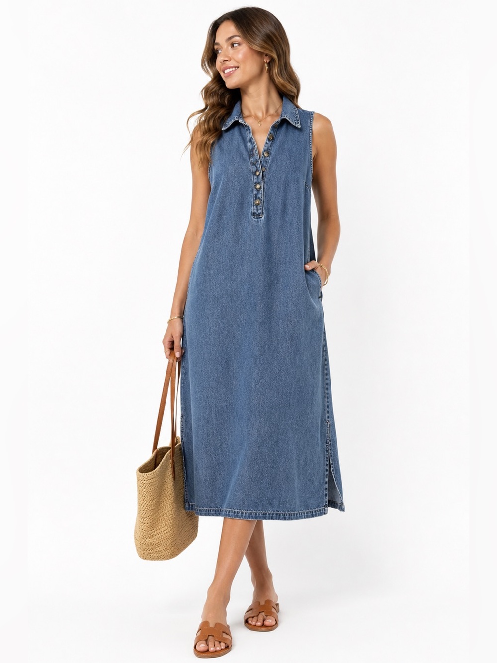 Sleeveless Collared Denim Maxi Dress - Blue
